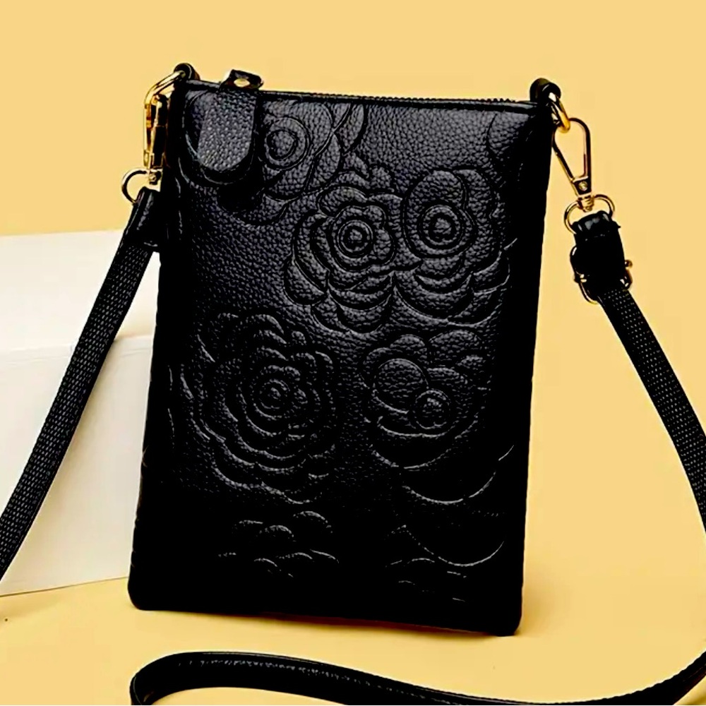 New - Elegant - Faux Leather - 3D Rose Embossing Crossbody Bag - Black